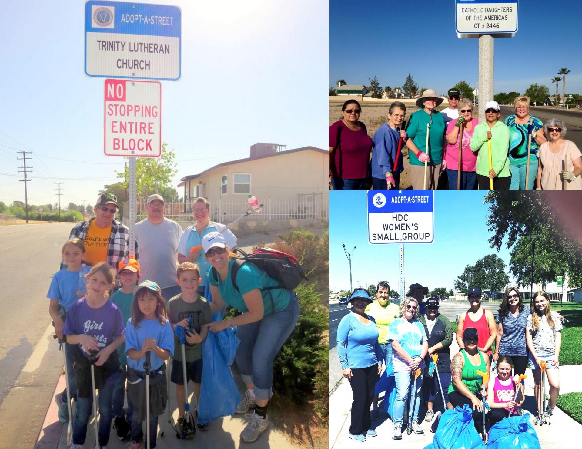 3 Groups of volunteers and their Adopt-a-street signs